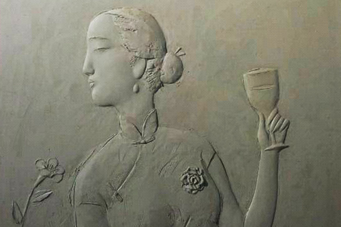 博仟北京雕塑公司創作的喝酒賞花的民國美女抽象人物浮雕